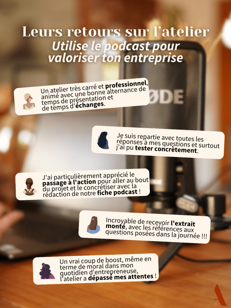 Leurs retours sur l'atelier utilise le podcast pour valoriser ton entreprise
Un atelier très carré et professionnel animé avec une bonne alternance de temps de présentation et d'échange
Je suis repartie avec toutes les réponses à mes questions et surtout j'ai pu tester concrètement
J'ai particulièrement apprécié le passage à l'action pour aller au bout du projet et le concrétiser avec la rédaction de notre fiche podcast
Incroyable de recevoir l'extrait monté, avec les références aux questions posées dans la journée
Un vrai coup de boost, même en terme de moral dans mon quotidien d'entrepreneuse l'atelier a dépassé mes attentes